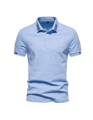 Lapel Striped Polo Shirt Embroidered Casual Mens Solid Color Short Sleeve Top