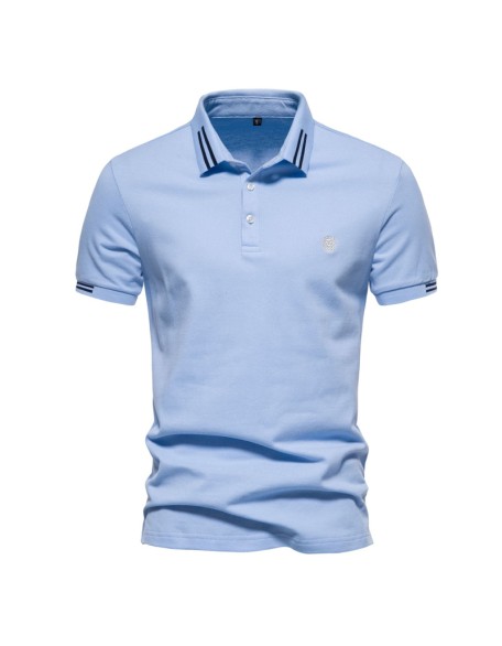Lapel Striped Polo Shirt Embroidered Casual Mens Solid Color Short Sleeve Top