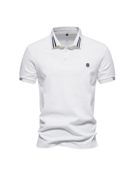 Lapel Striped Polo Shirt Embroidered Casual Mens Solid Color Short Sleeve Top