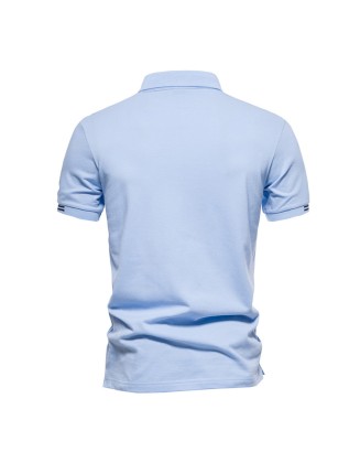 Lapel Striped Polo Shirt Embroidered Casual Mens Solid Color Short Sleeve Top