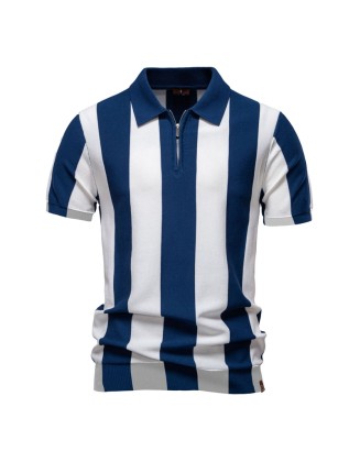 New lapel woolen short-sleeved polo shirt men's striped short-sleeved tops