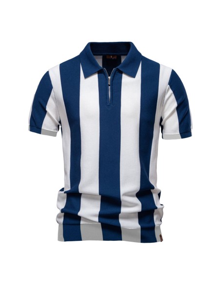 New lapel woolen short-sleeved polo shirt men's striped short-sleeved tops