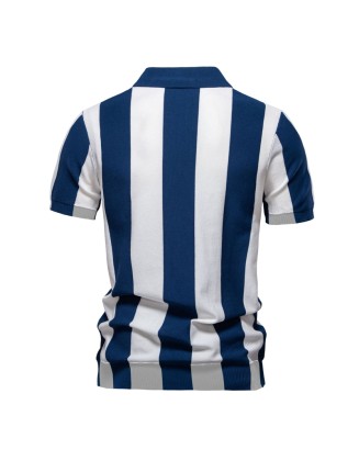 New lapel woolen short-sleeved polo shirt men's striped short-sleeved tops