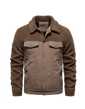 Men's Patchwork Jacket Casual Mens Lamb Wool Jacket Coat