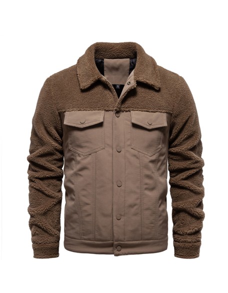 Men's Patchwork Jacket Casual Mens Lamb Wool Jacket Coat