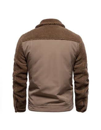 Men's Patchwork Jacket Casual Mens Lamb Wool Jacket Coat
