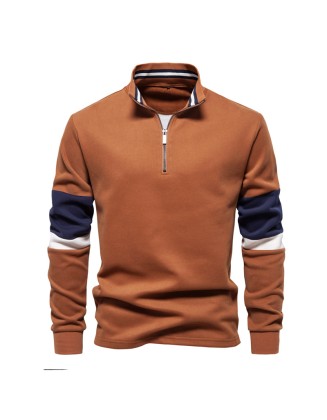 Long Sleeve Polo Neck Sweatshirt Trendy Color Clash Men's High Quality Casual Peplum Sweatshirt