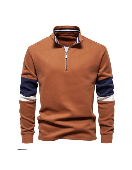 Long Sleeve Polo Neck Sweatshirt Trendy Color Clash Men's High Quality Casual Peplum Sweatshirt