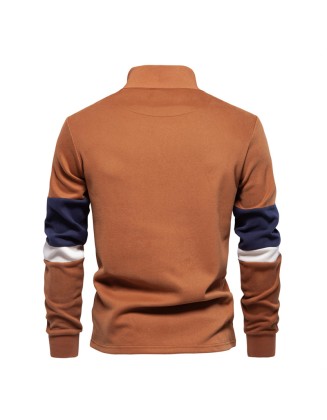Long Sleeve Polo Neck Sweatshirt Trendy Color Clash Men's High Quality Casual Peplum Sweatshirt
