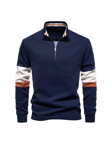 Long Sleeve Polo Neck Sweatshirt Trendy Color Clash Men's High Quality Casual Peplum Sweatshirt