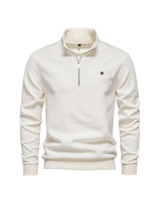 Mens Long Sleeve Half Zip Sweatshirt Casual Solid Color Pocket Decoration Top